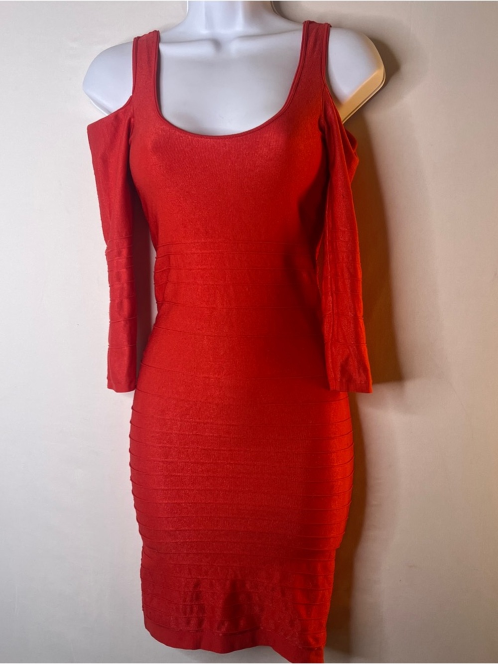 bebe Cold Shoulder Bandage Bodycon Dress Red Orange P/S